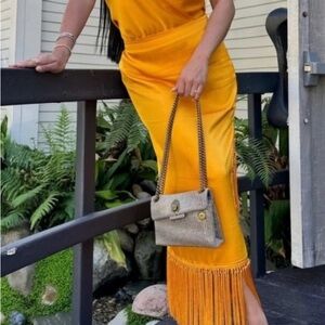 Rachel Zoe Golden Yellow Satin Fringe Skirt Women Large NWT Vintage classy